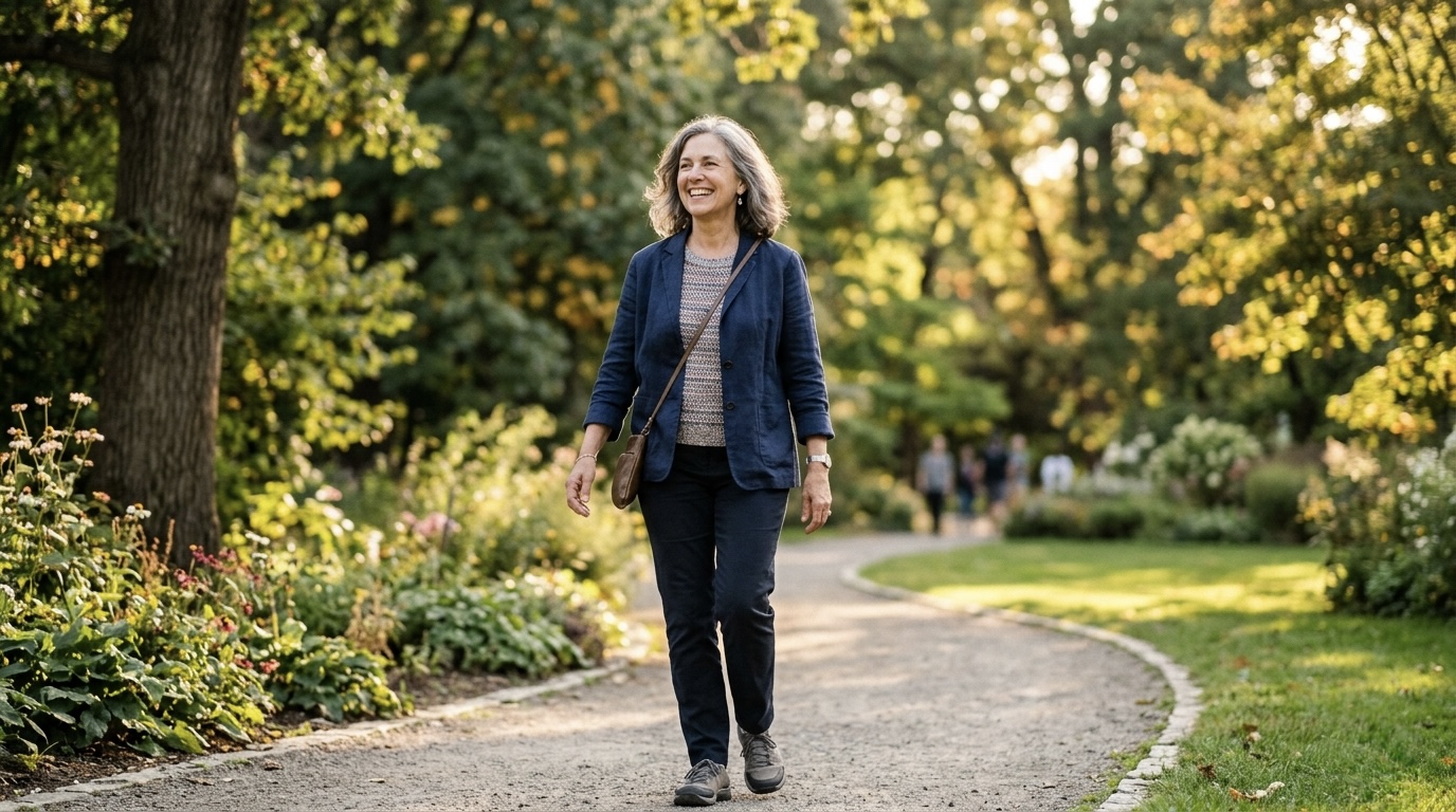 Canadian patient walking outdoors after successful medical travel surgery — recovered and active